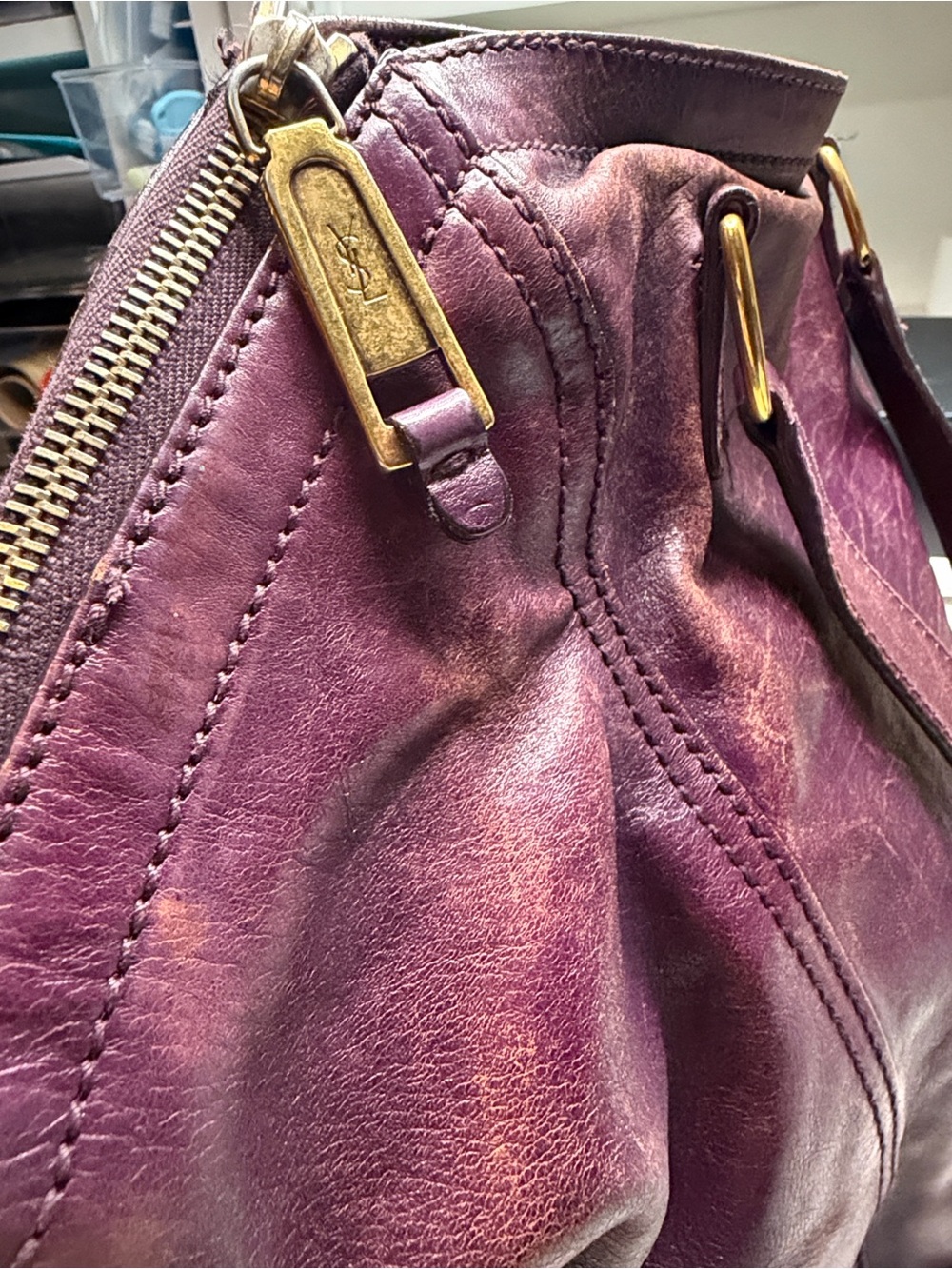 Yves Saint Laurent Plum Leather Tote with Gold Hardware - Picture 3 of 7